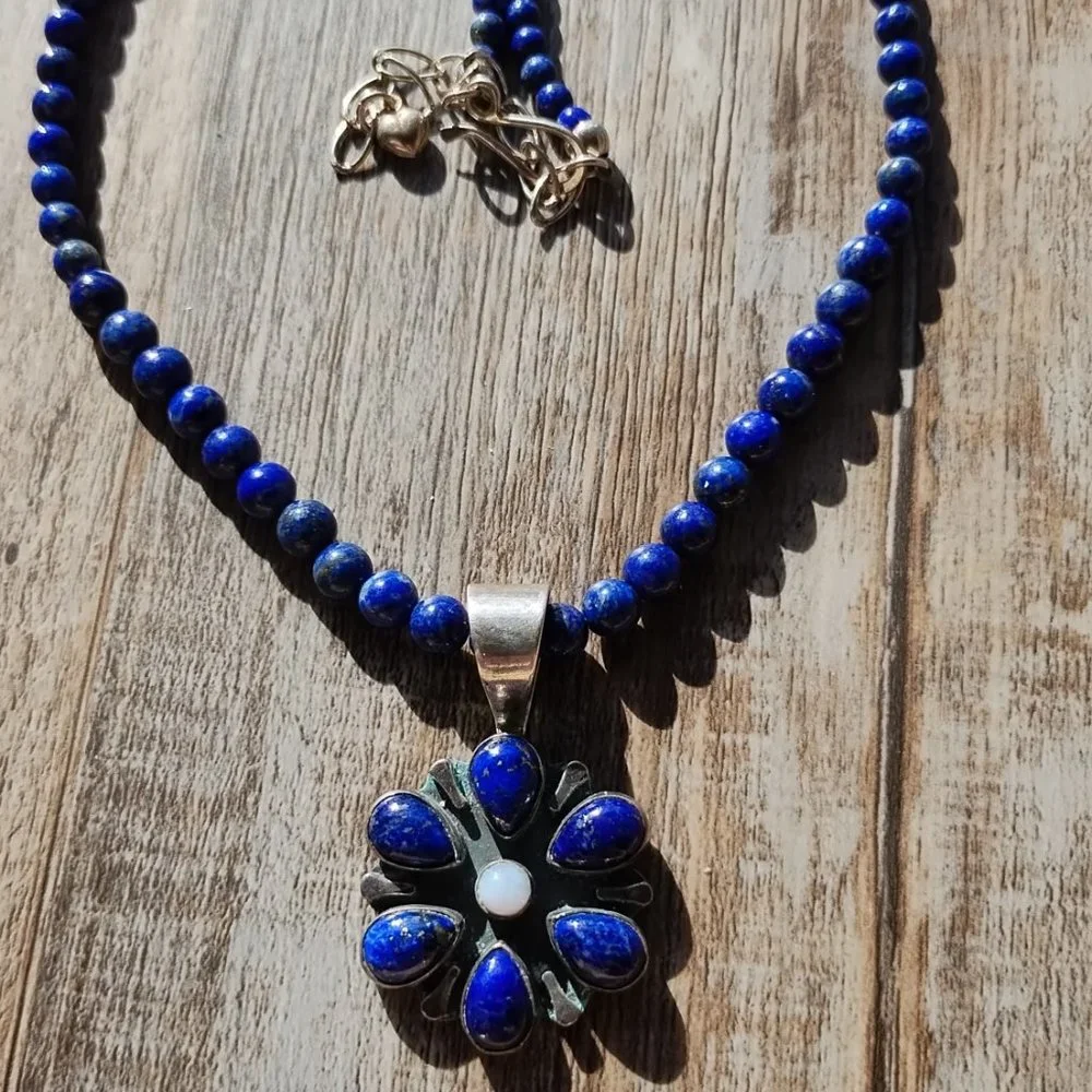 Jay King DTR mine finds Lapis necklace Lapis Agate flower pendant 925 Sterling S - Picture 3 of 8
